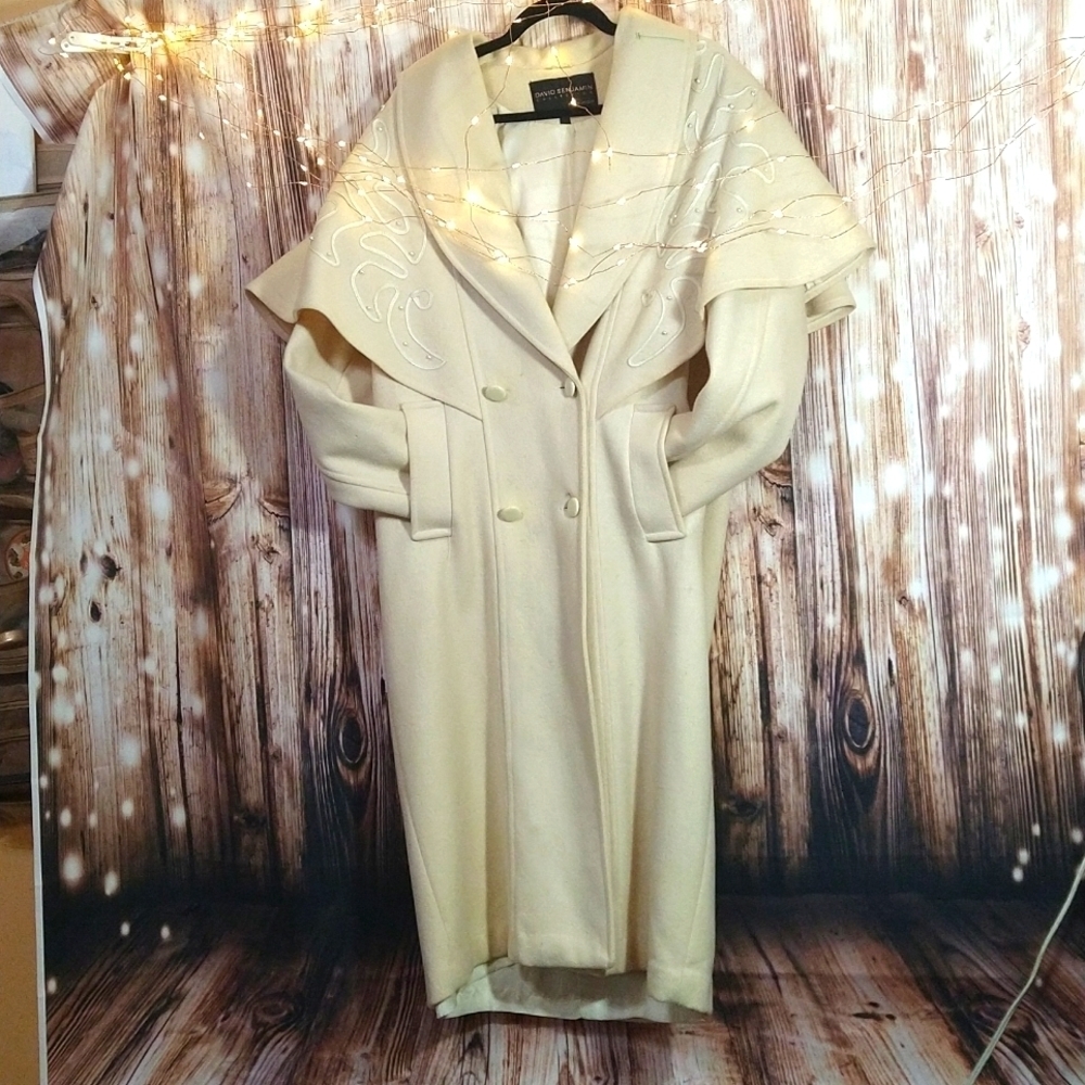 Long-line Peacoat, 100% Pure Wool Creme Capelet Coat W/Beads